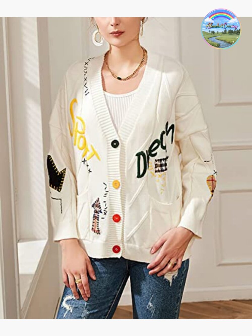 Cable Knit Embroidery Patchwork Cardigan V Neck Long Sleeve Button Down Sweater - Picture 2 of 5